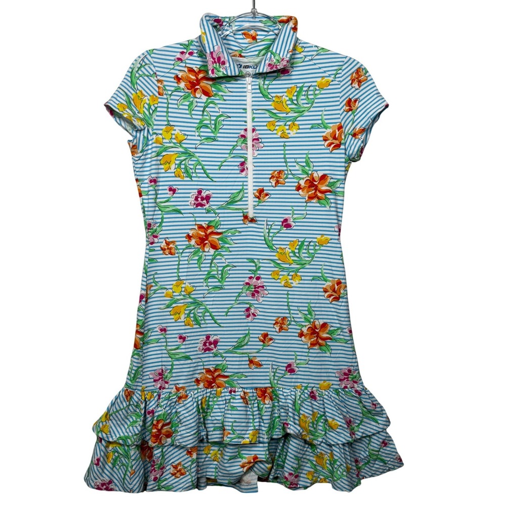 IBKUL Women's XS‎ Blue Striped Floral Golf Tennis Dress Short Sleeve Ruffle Zip